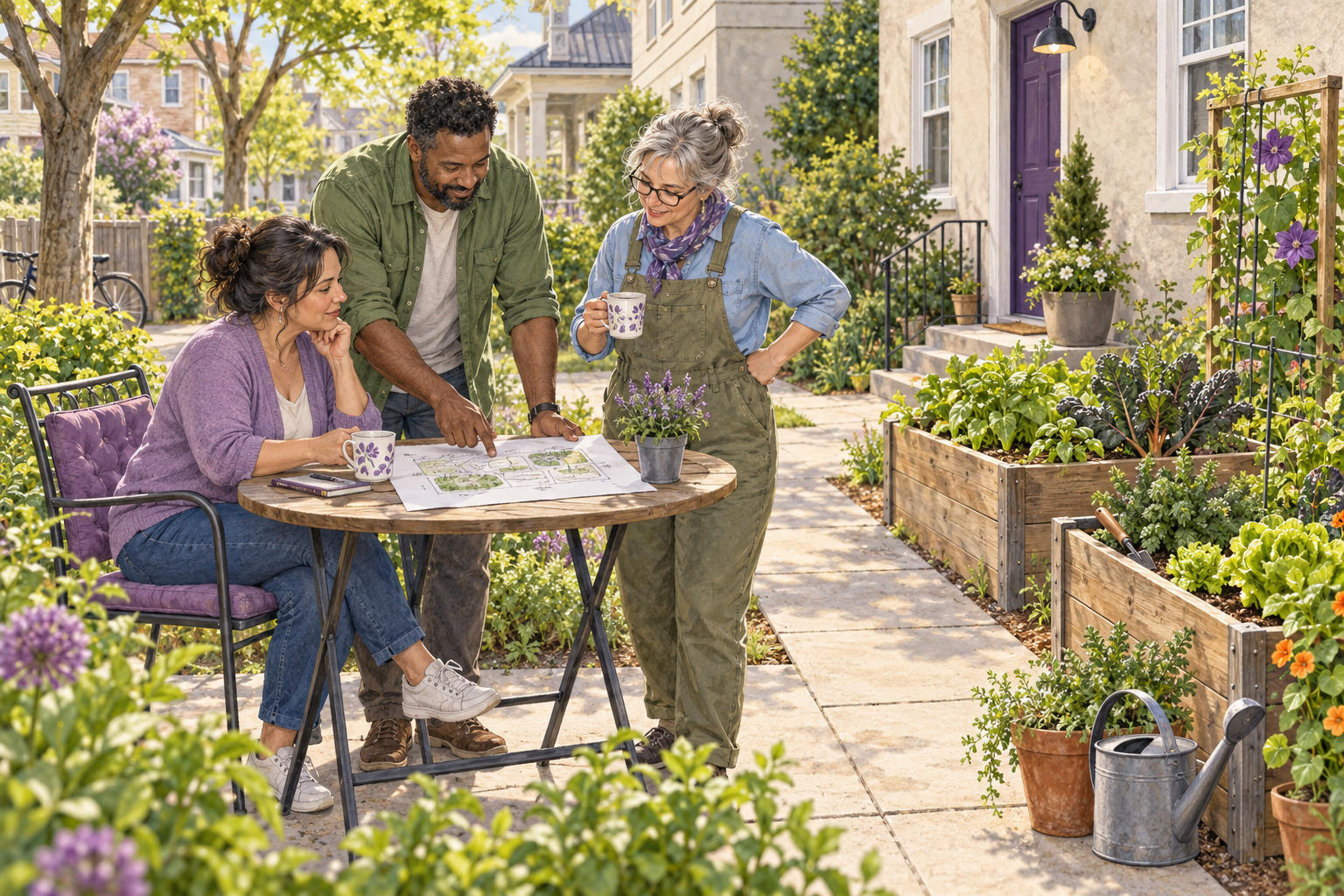 Original watercolor and ink illustration of adults reviewing a community project beside maintained raised garden beds and a clear courtyard path
