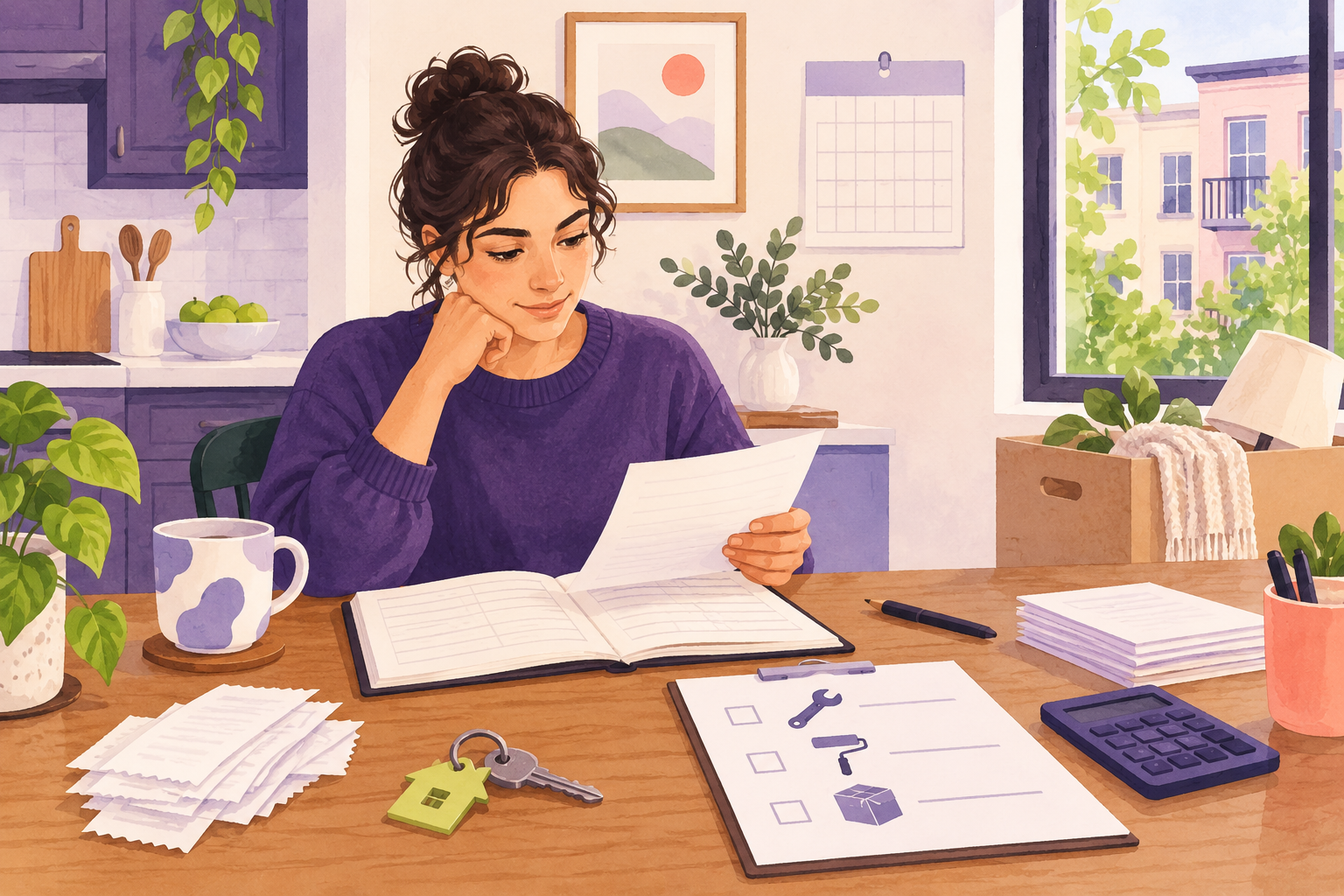 A landlord reviews a rental ledger, receipts, a repair checklist and keys at a kitchen table.