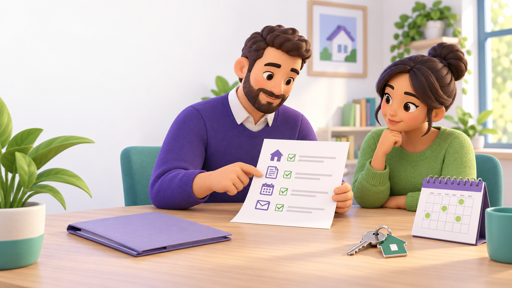 A property contact and renter calmly review a blank notice checklist, calendar and house keys