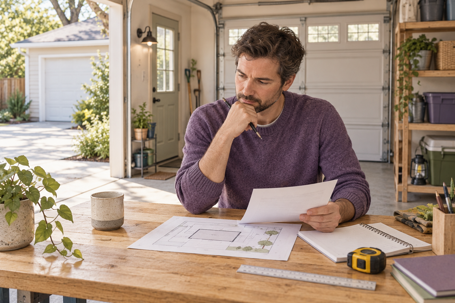 A landlord reviewing a floor plan beside a separate garage and parking pad while planning a permitted storage or parking arrangement
