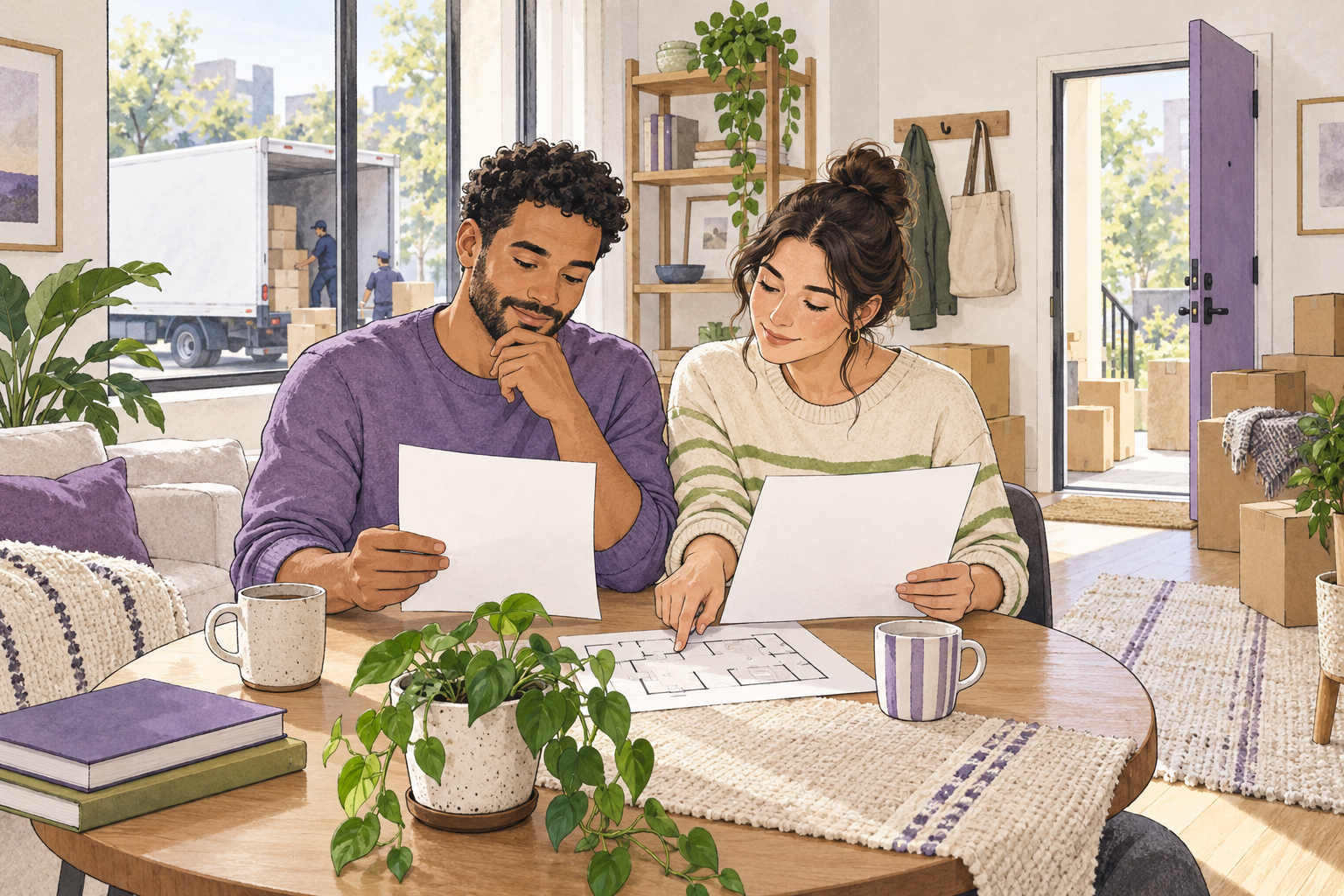Two renters compare blank moving estimates and a floor plan in a bright apartment, with moving boxes and a van outside