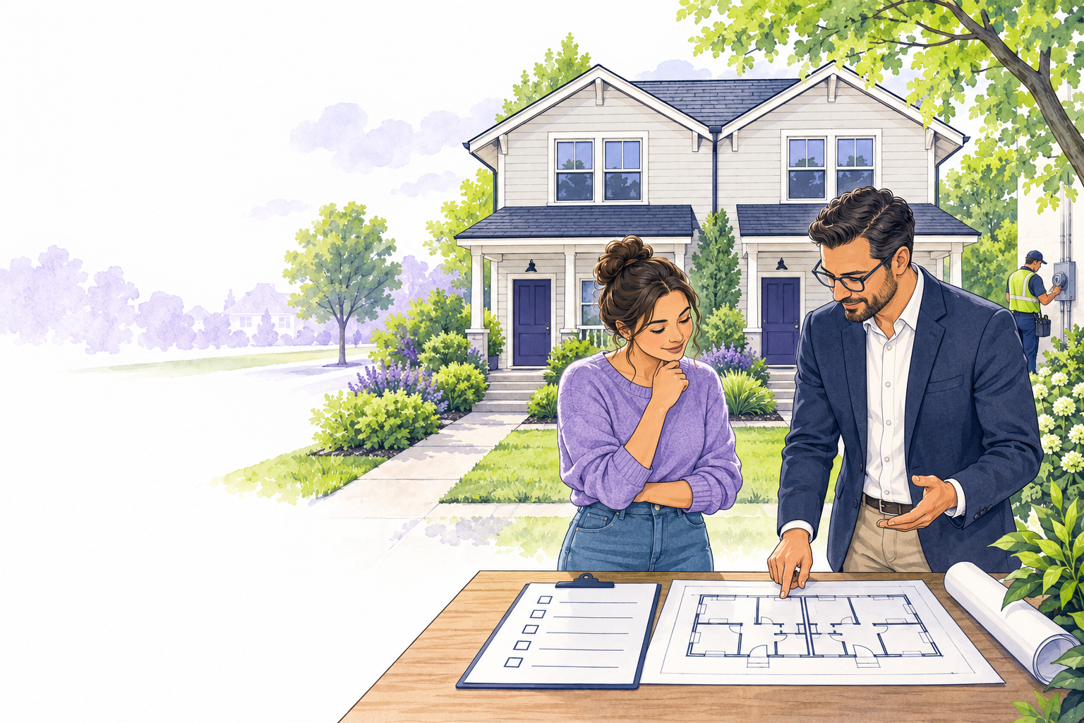 Buyer and adviser reviewing a checklist and floor plan while an inspector examines the building