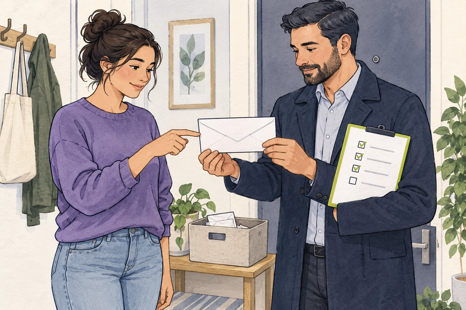 A renter and rental owner look only at a sealed envelope beside a separate move-out checklist, with no personal information visible