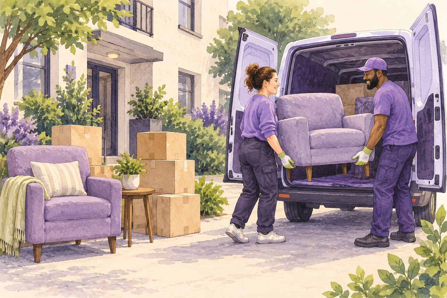 Two volunteers carefully loading a donated armchair into a van outside an apartment building, with moving boxes nearby