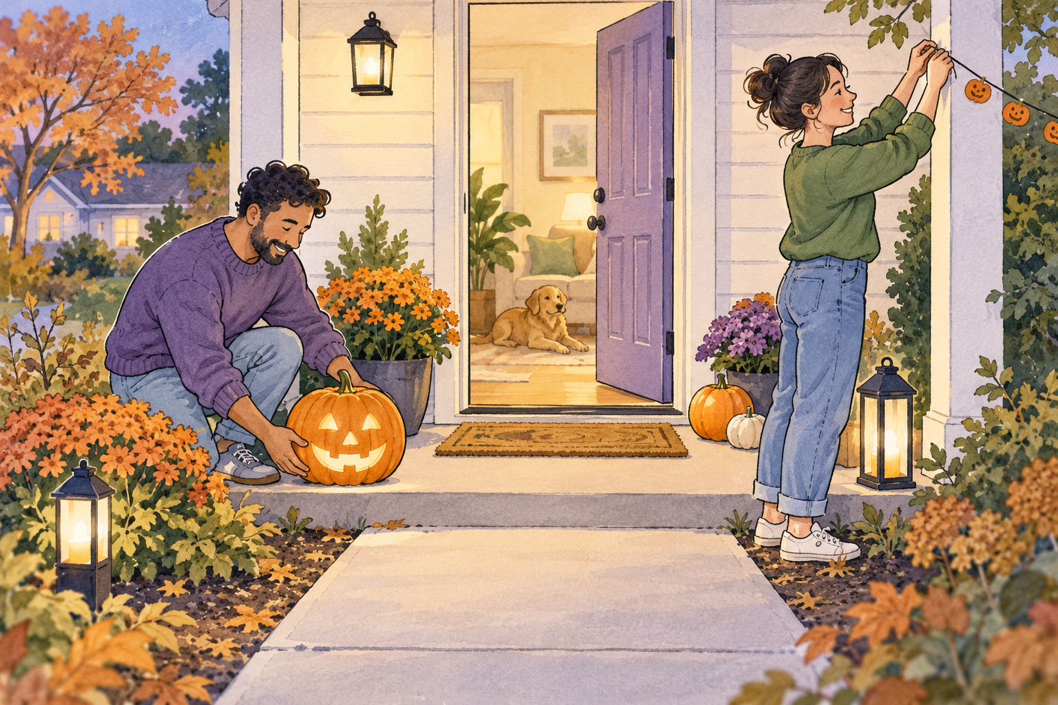 Two neighbors prepare a warmly lit rental entrance for Halloween while keeping the path clear and a pet indoors