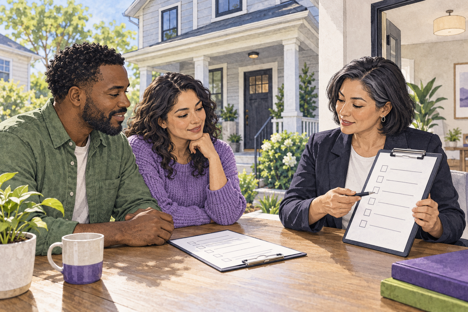 A housing provider and renter review a blank checklist with a housing specialist beside a rental home