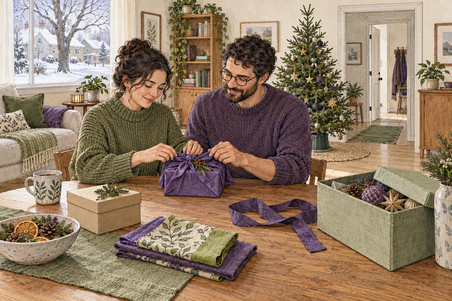 Watercolor illustration of residents preparing purple reusable holiday wrapping in a living room with saved decorations and a Christmas tree