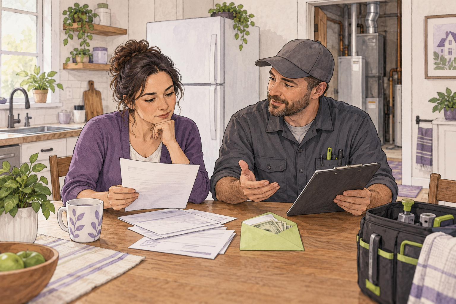 A landlord and repair professional compare home-service paperwork and repair records at a rental kitchen table