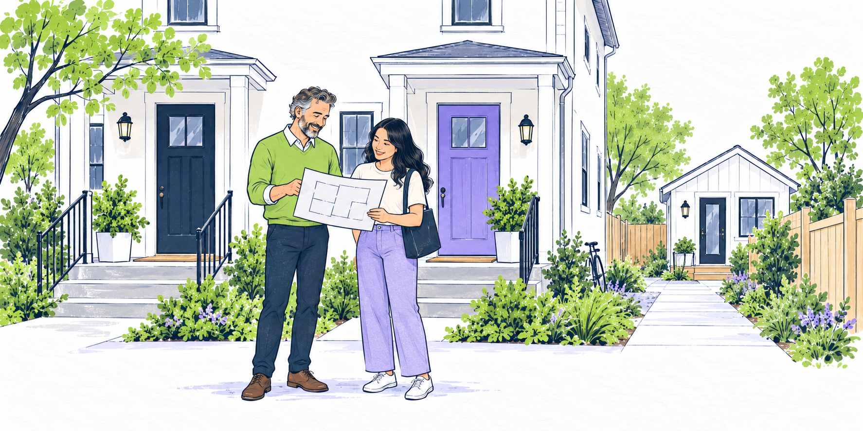 An owner-occupant and renter review a blank home-use plan beside separate duplex entrances and a small accessory dwelling
