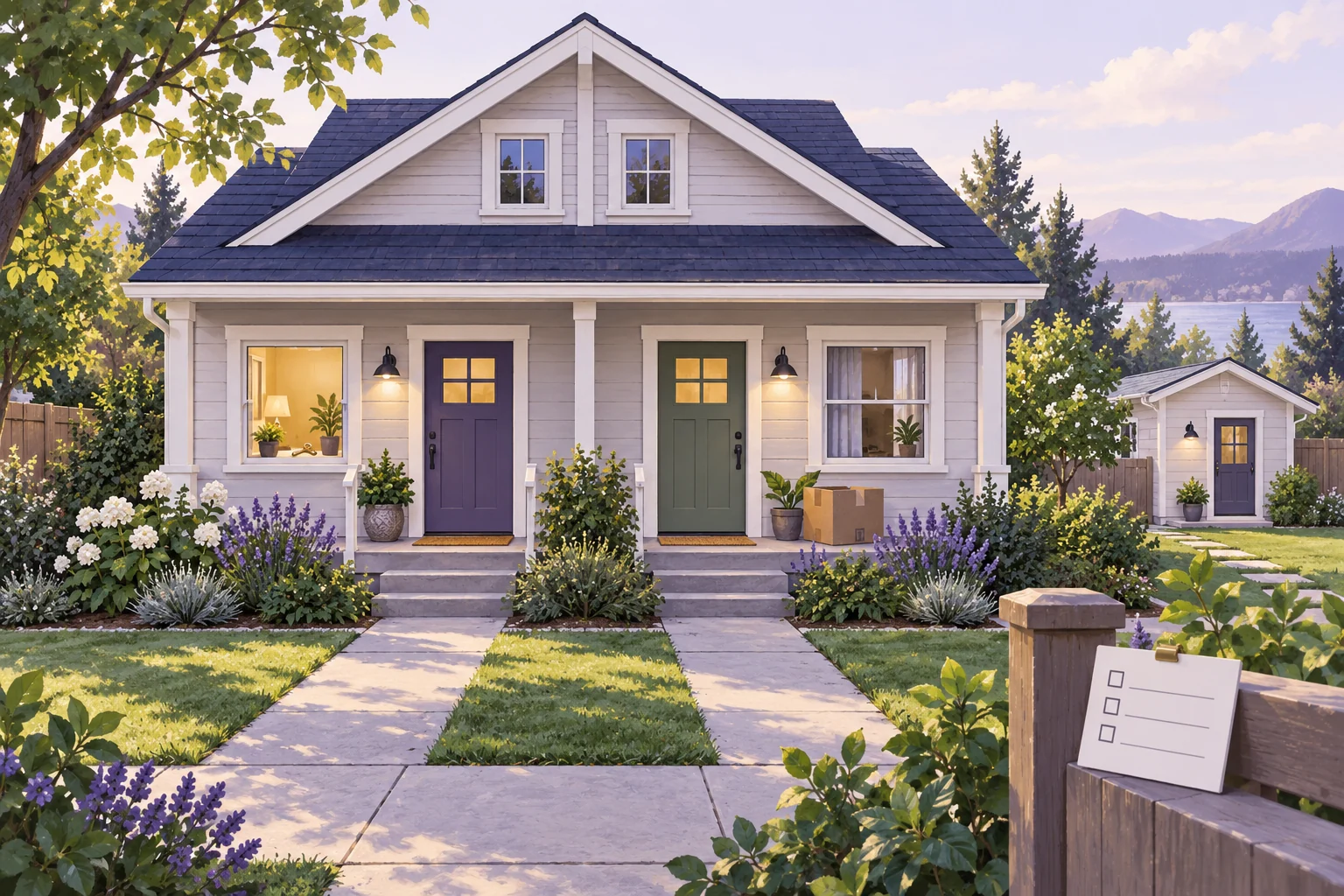 A duplex with separate front doors, a lived-in owner’s side and a rented side, next to a simple due-diligence checklist.