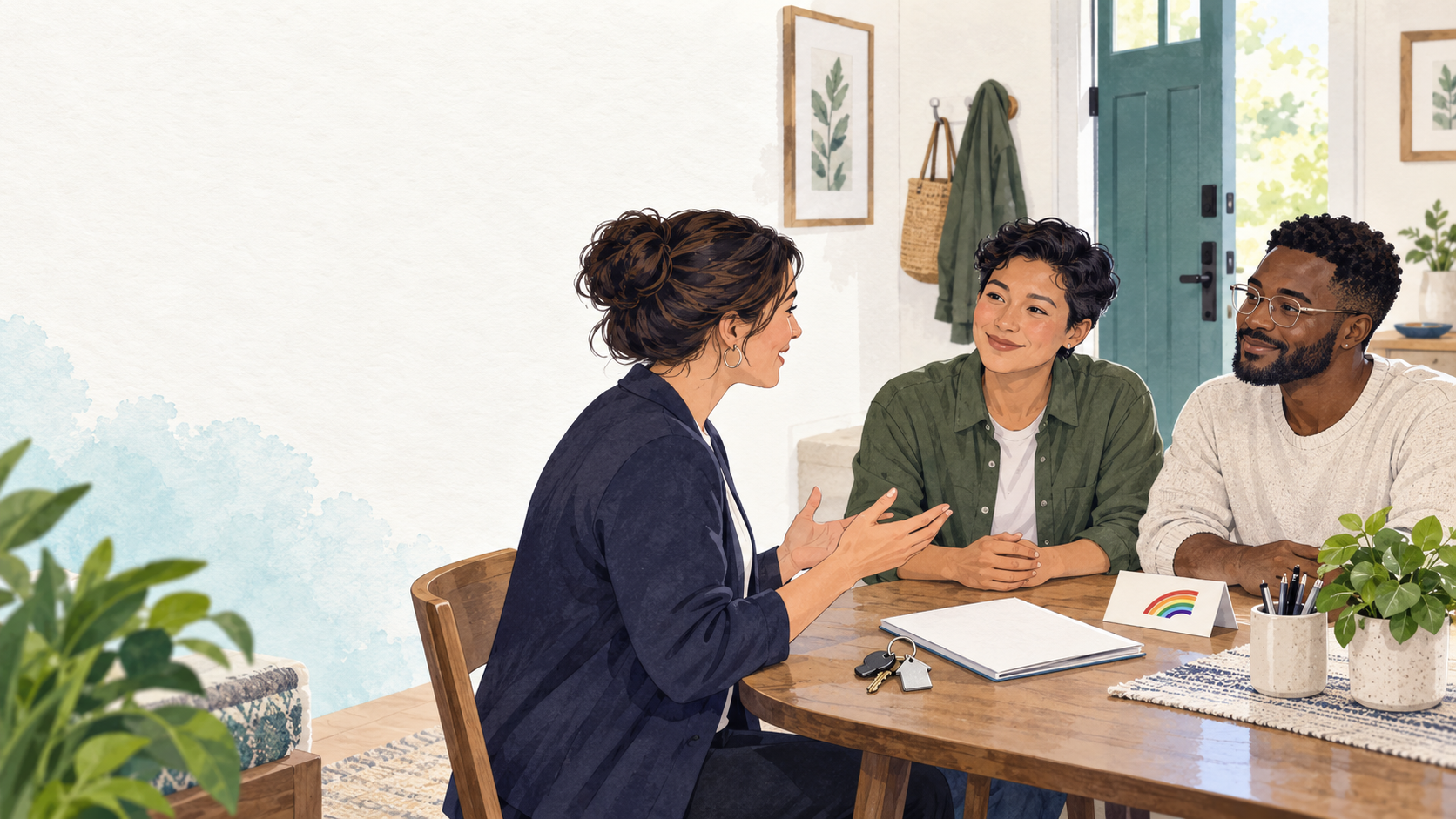 A housing provider welcomes two adult renters at a table with keys, a blank information packet, and a small rainbow welcome card
