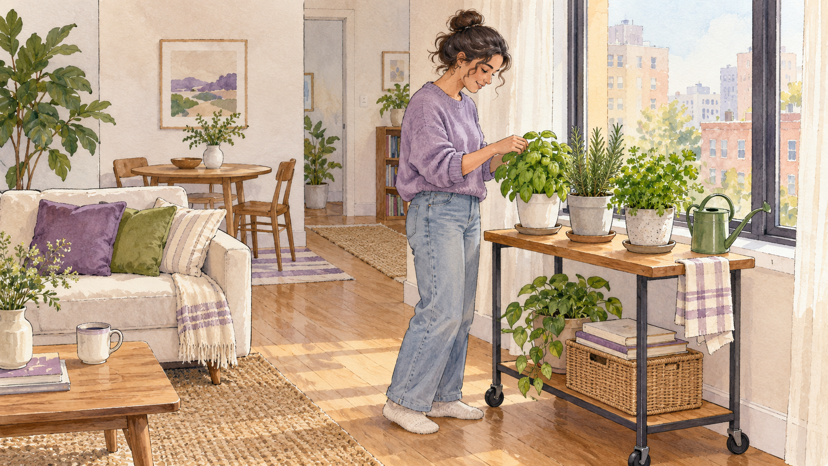 Watercolor and ink illustration of a resident tending small herb pots with drainage saucers on a movable table beside an apartment window