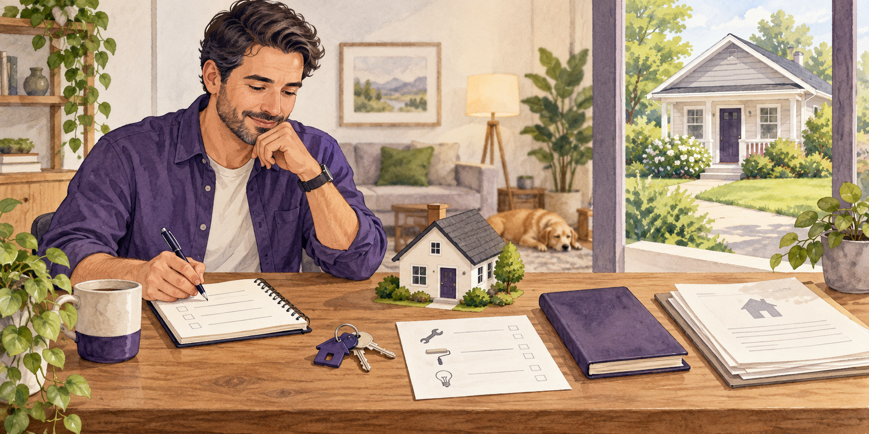A rental owner plans repairs, rent records and recurring work at a desk overlooking a home