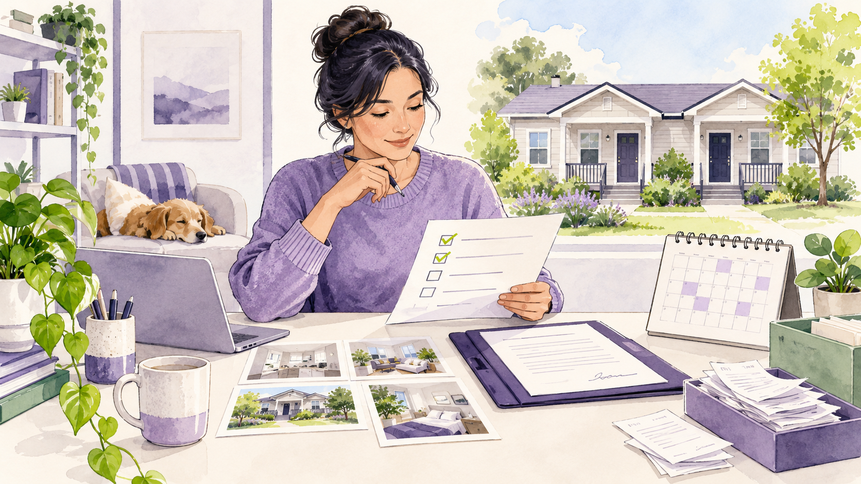 Original purple, lime and navy editorial illustration of a landlord reviewing a rental home checklist and property records