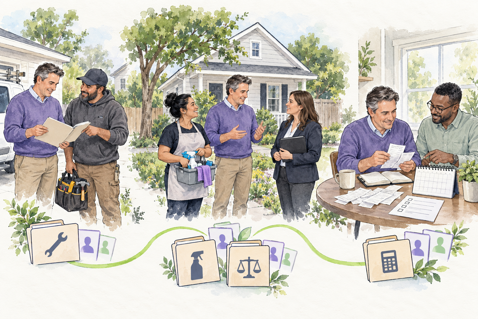 A rental operator reviews work with repair, cleaning, legal and tax professionals beside a rental home and organized records