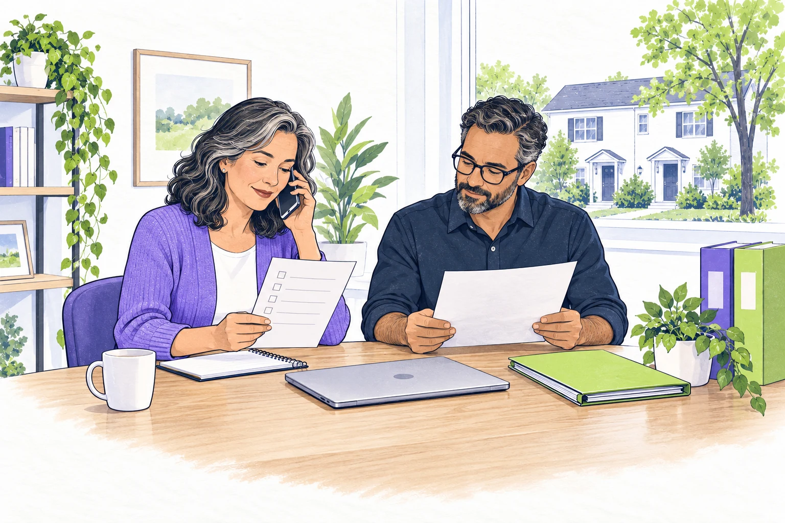 A rental owner verifies a document request by phone while a tax professional reviews a blank form beside a closed records folder