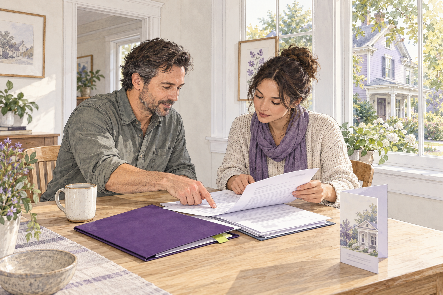 Watercolor and ink illustration of two adults reviewing a property disclosure packet and information pamphlet beside the window of an older rental home