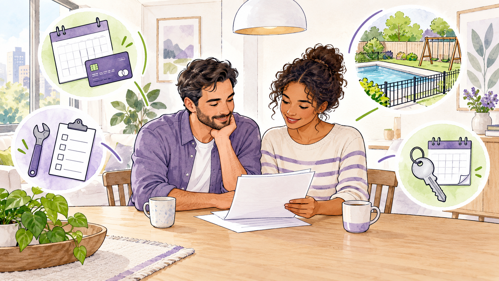 Illustrated rental home, agreement, keys and calendar