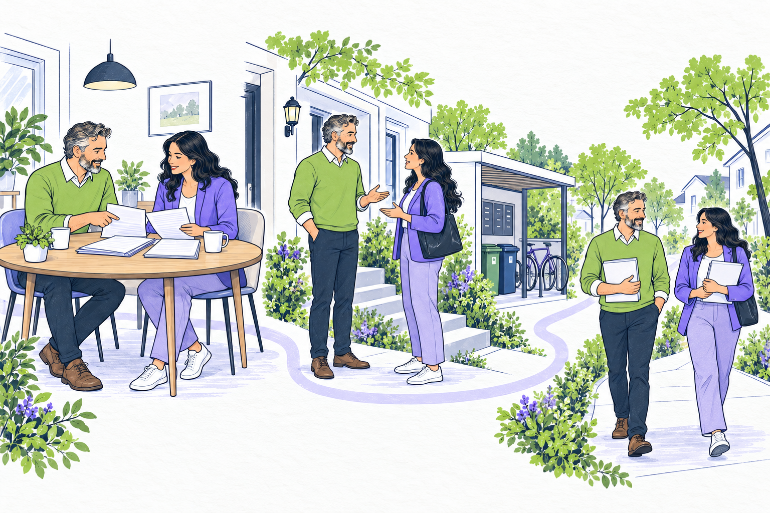 A housing provider and renter review a lease packet, discuss a maintenance arrangement, and leave with matching copies.