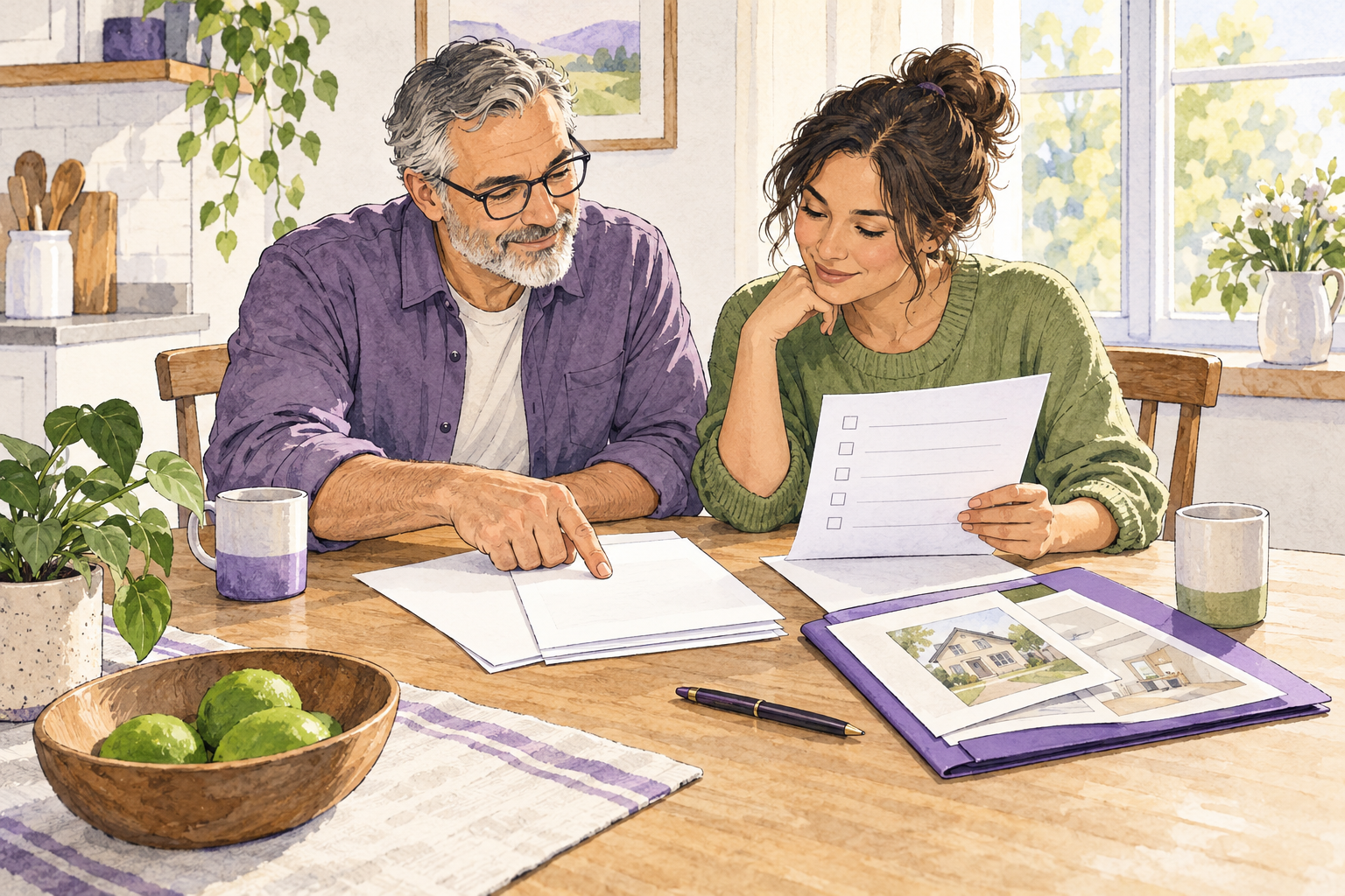 A landlord and renter review lease pages and a checklist together before agreeing on the next step