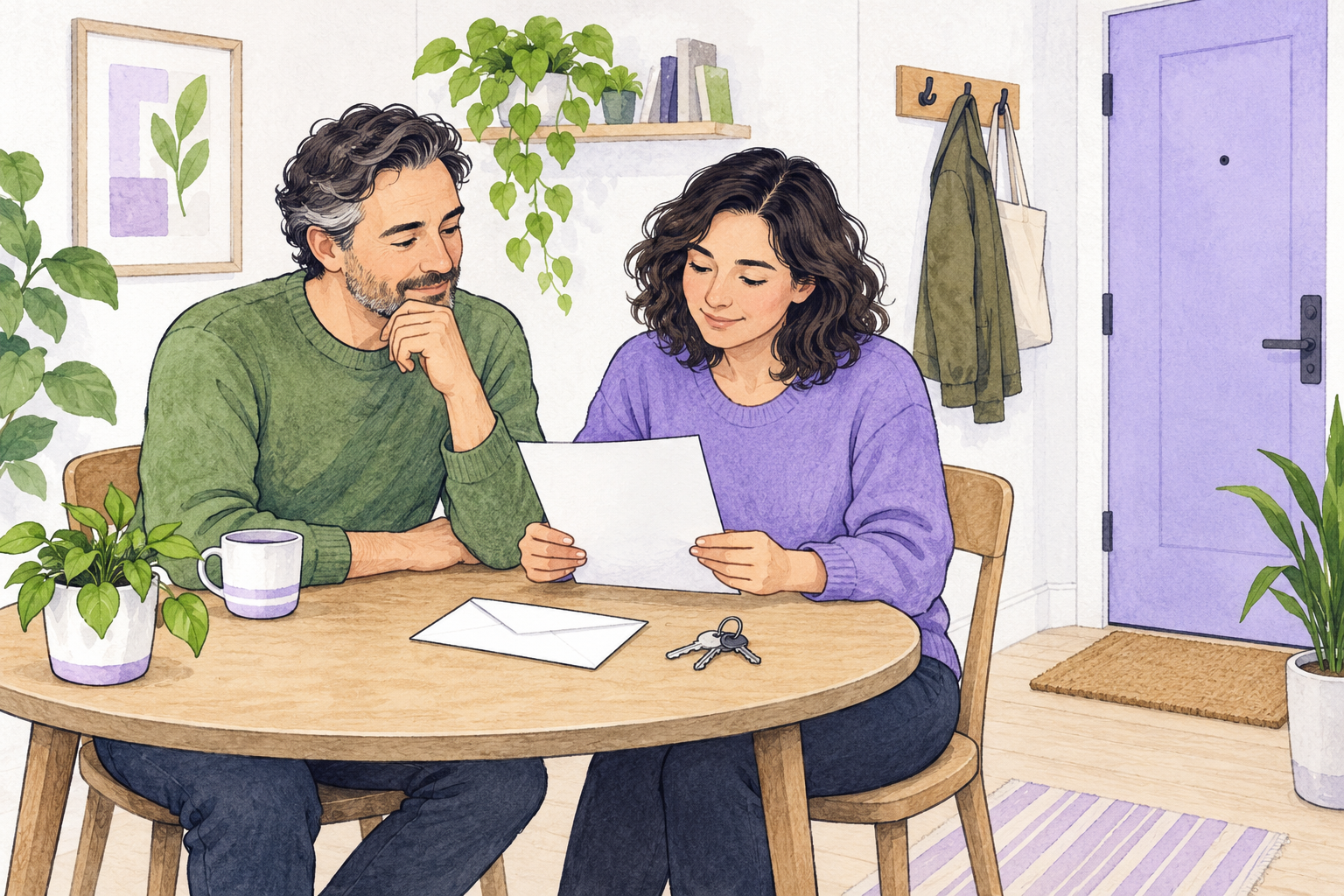 A rental owner and resident review a blank letter beside an envelope and keys near an apartment entrance