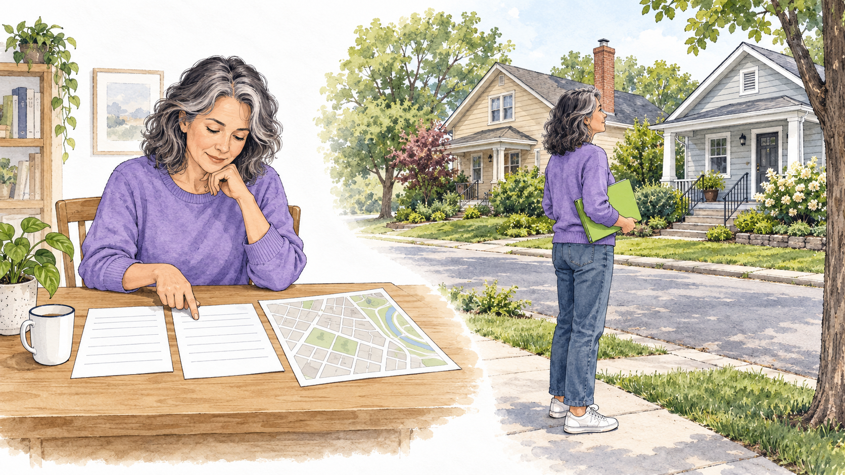 Original editorial watercolor illustration of an adult comparing blank property worksheets and a street map, then observing modest neighborhood homes.