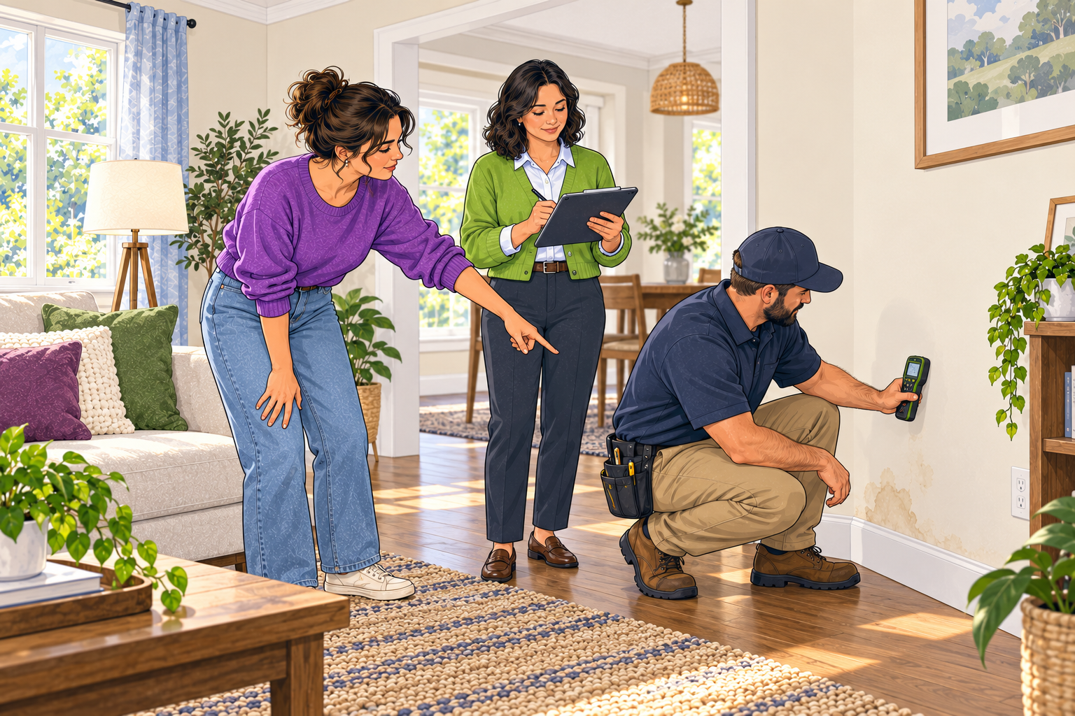 A resident points out a small wall stain while a housing provider records the location and a building professional checks for moisture