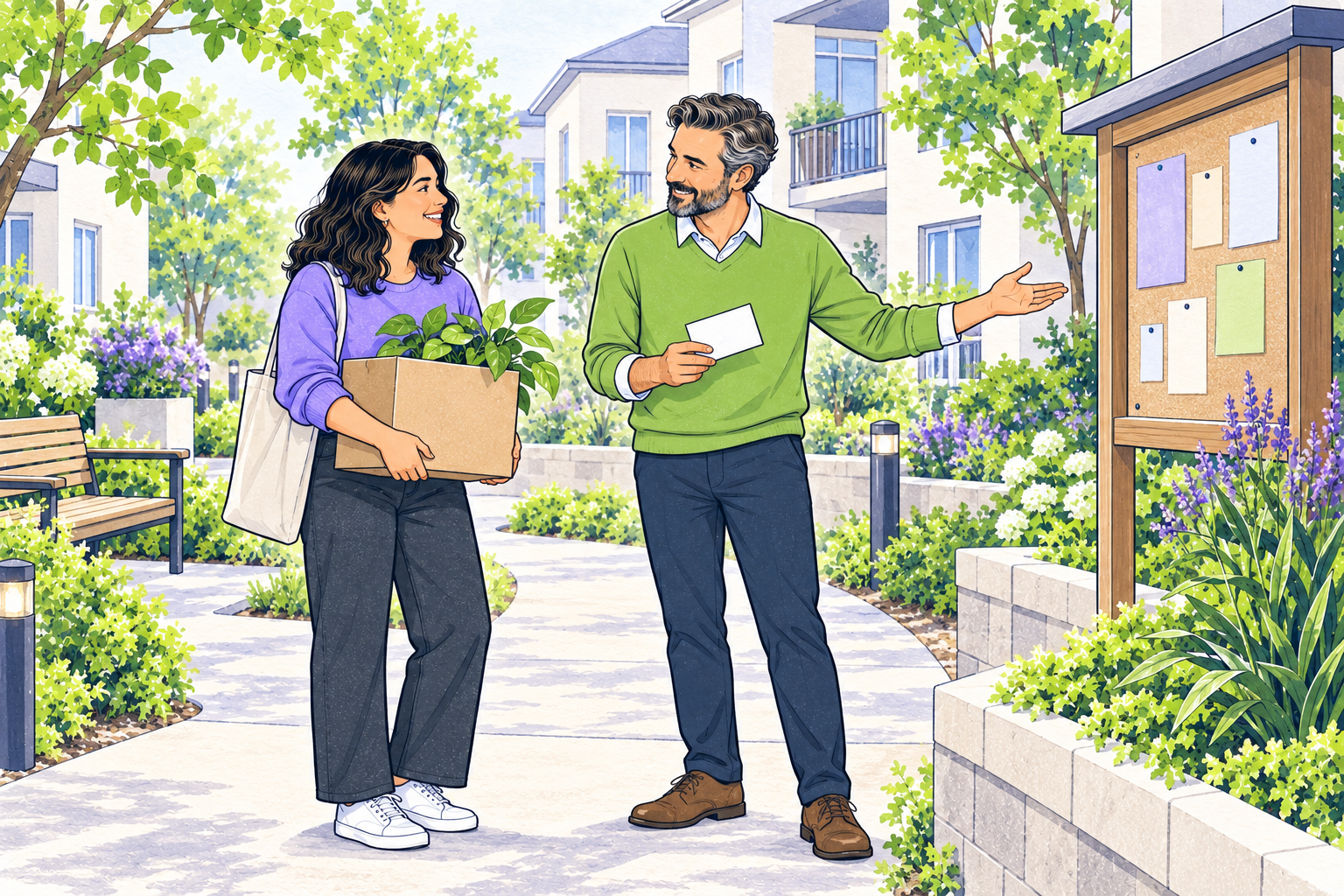 Two adult neighbors meet on a shared garden path as one offers a welcome card beside a community noticeboard