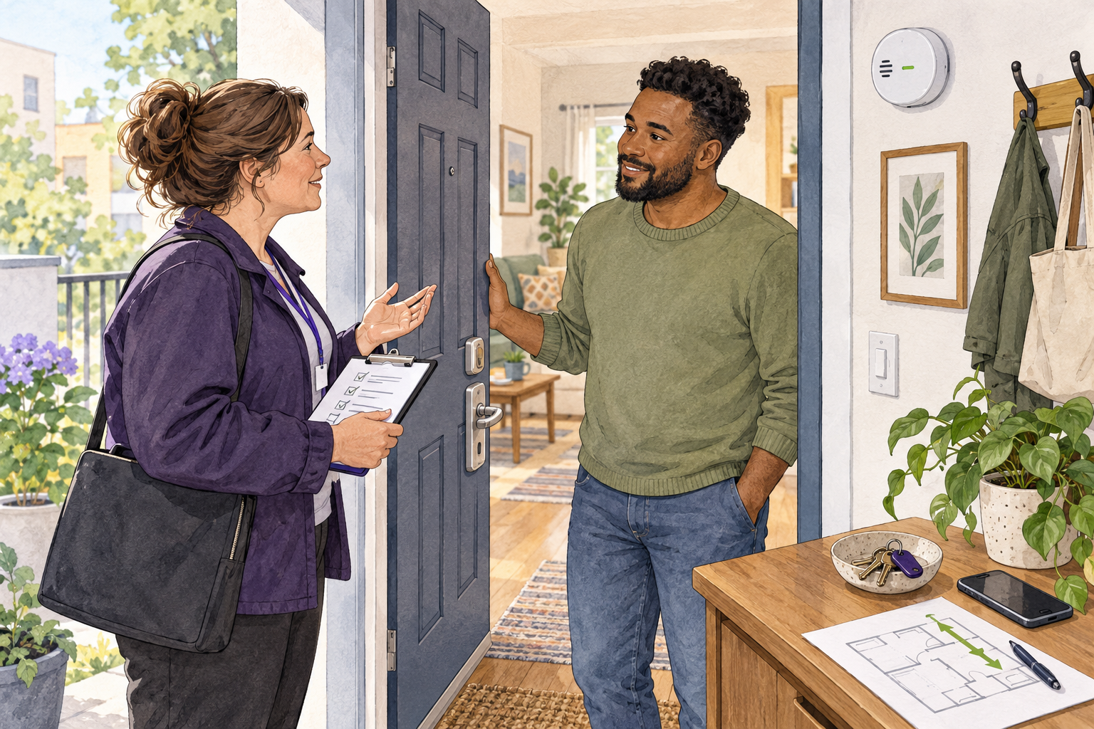 A housing provider and resident speak calmly at an apartment doorway while reviewing a small checklist, with the entry lock and carbon-monoxide alarm visible