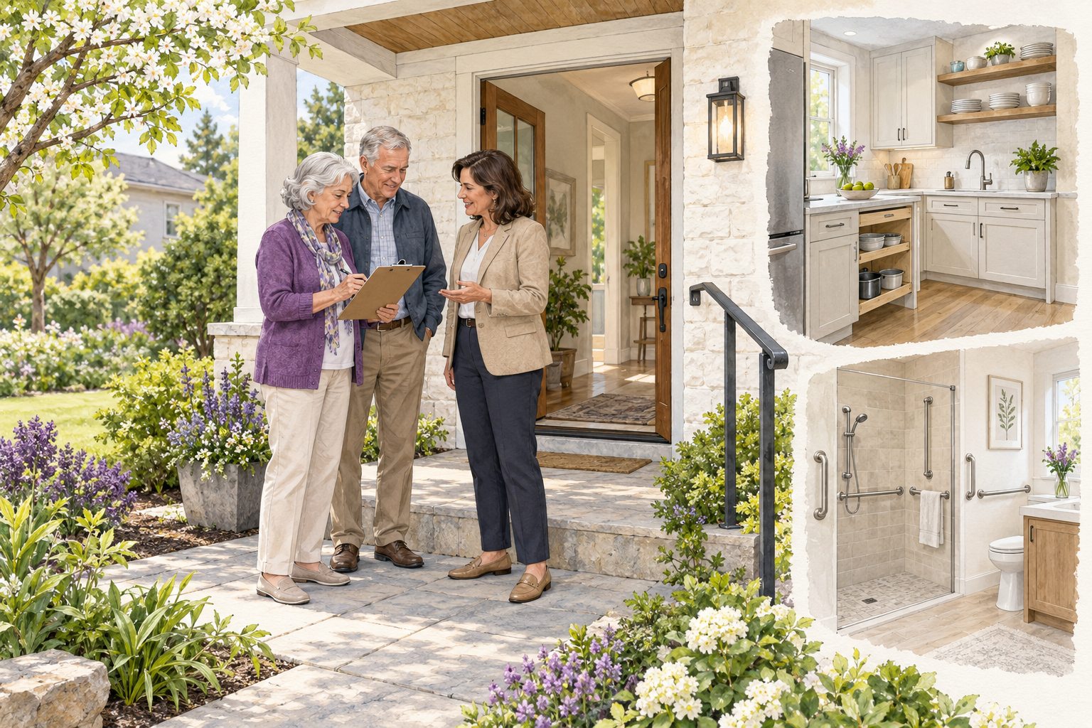Watercolor and ink illustration of older adults reviewing a rental-home viewing checklist with a host beside a clear, well-lit entrance