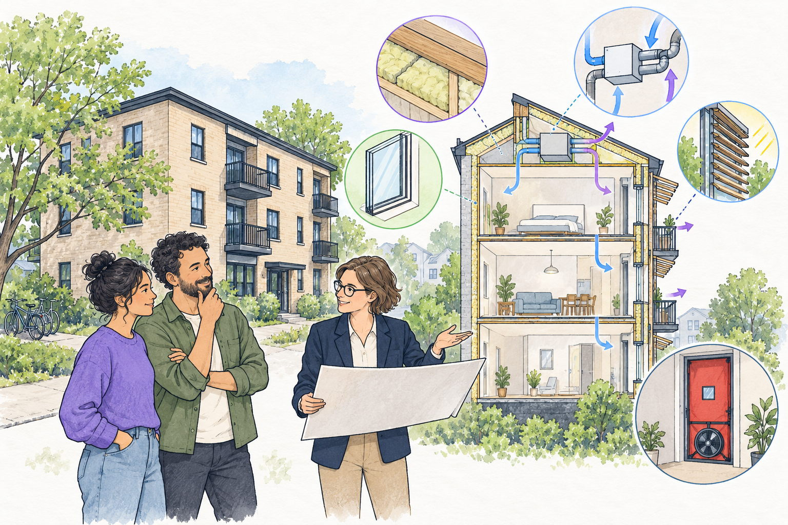 A renter, owner, and building professional review an existing apartment building's insulation, windows, and controlled ventilation during a retrofit assessment