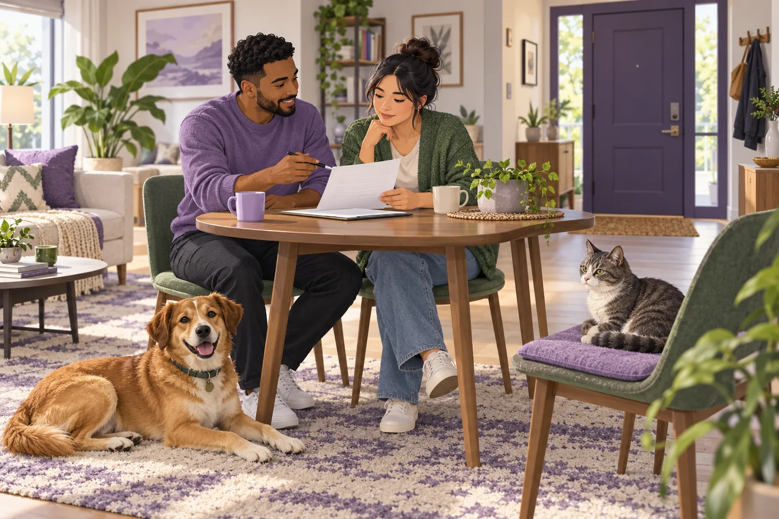 A landlord and renter review a written pet policy while a calm dog and cat rest nearby.