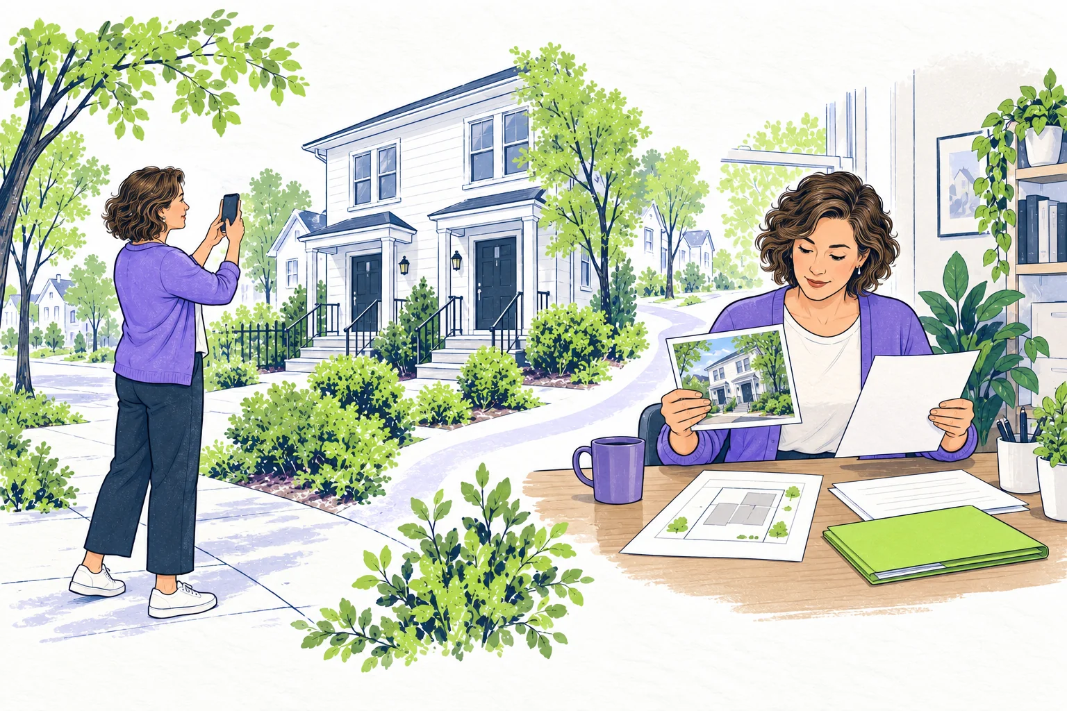 A rental owner uses her phone to photograph a duplex exterior, then organizes the property photograph and records at a desk