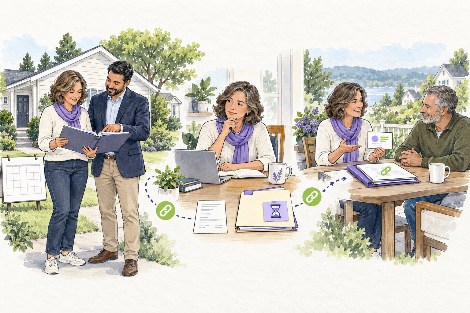 The same rental owner reviews an agreement, follows attribution and pending-review records, then explains her connection openly to another landlord