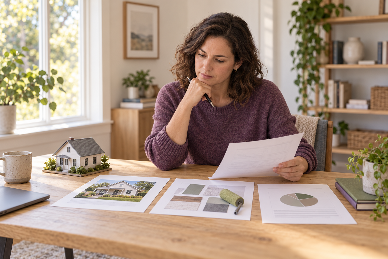 A prospective rental-property investor reviewing a floor plan, investment papers, and renovation materials between small rental-home models