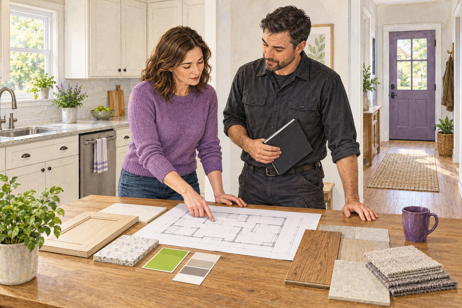 Watercolor and ink illustration of an owner and building professional reviewing a floor plan and material samples in a bright rental kitchen