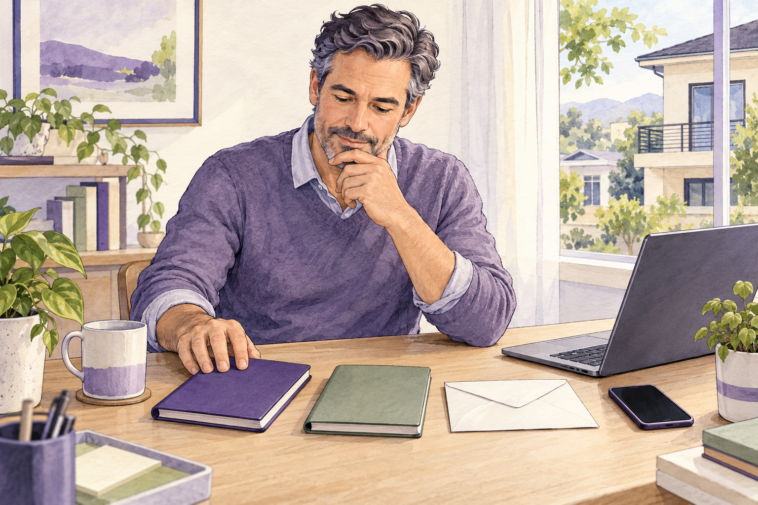Fictional hand-drawn illustration of a rental owner comparing two closed notebooks and a plain envelope beside an off-screen laptop and blank phone at a home-office desk.