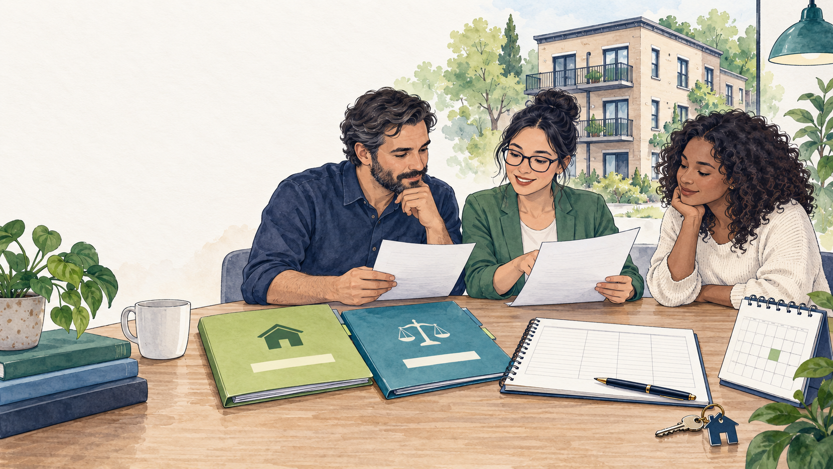 A property advisor, housing provider, and renter review blank local rule folders, a rent ledger, keys, and calendar