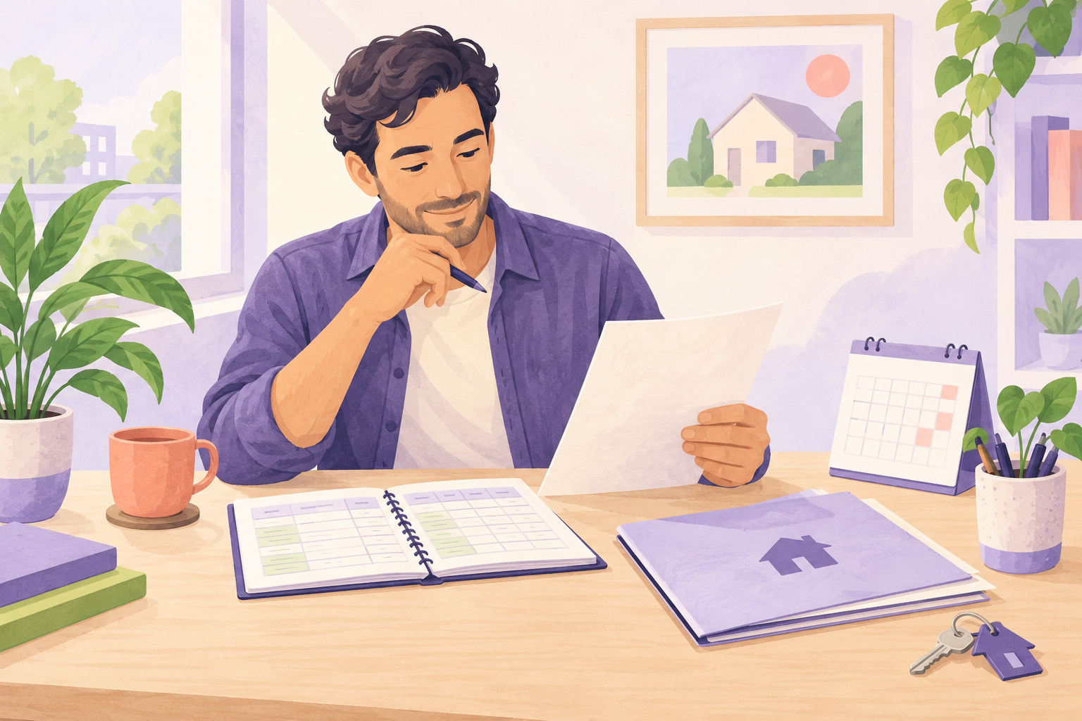 A landlord checks a blank letter and rental records at a desk before communicating a rent change.