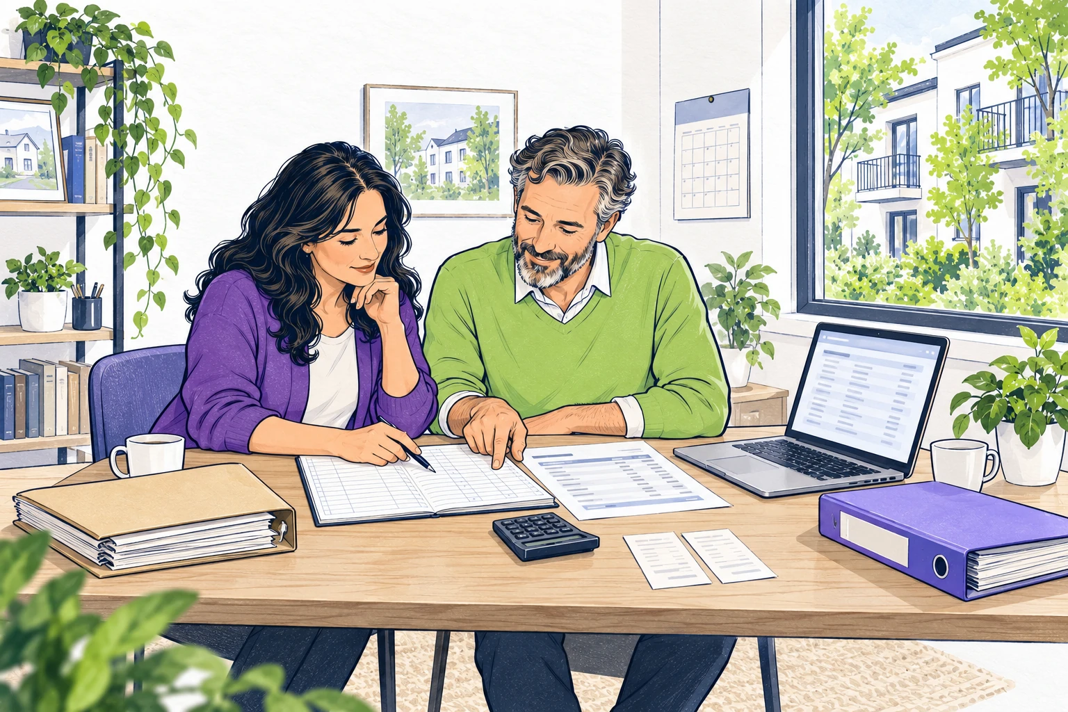 A rental owner and colleague review paper records beside a window overlooking shared homes