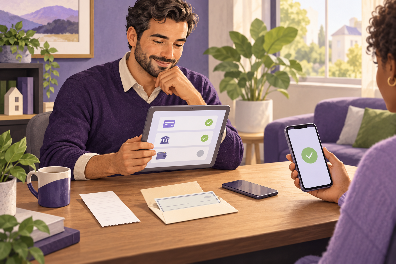 A landlord and renter review a rent payment on a tablet and phone beside a paper receipt and check.