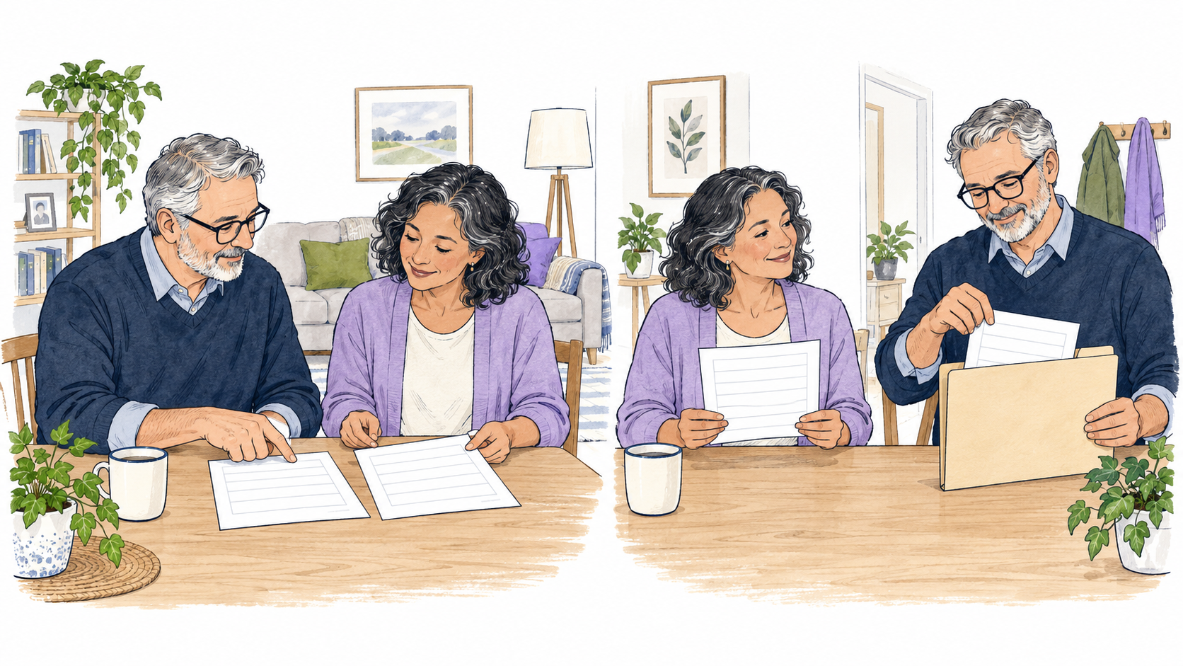 Original editorial watercolor illustration of two adults reviewing matched blank rent receipt and ledger records, then keeping separate copies.