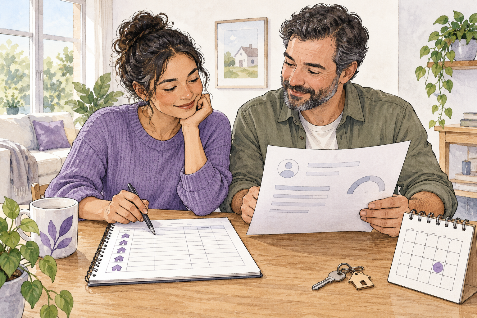 A renter and housing provider review a rent ledger and a blank report together at a table in a bright rental home