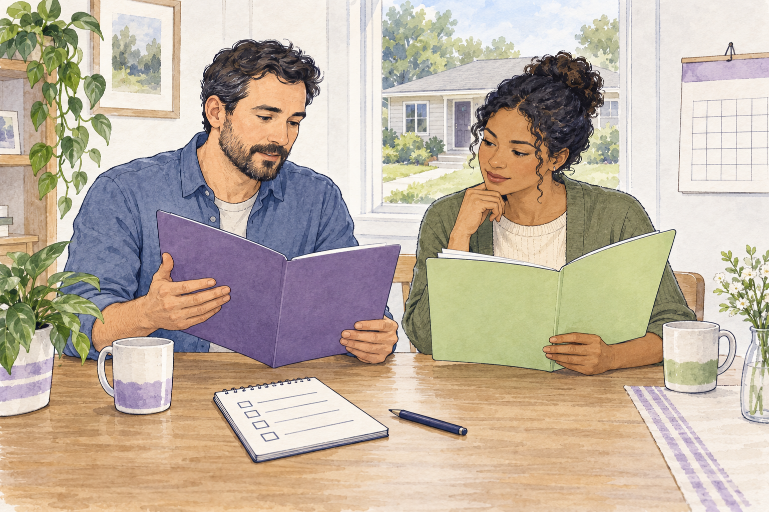 A housing provider and a prospective renter-buyer review blank lease and purchase folders at a table, with a rental home and checklist nearby