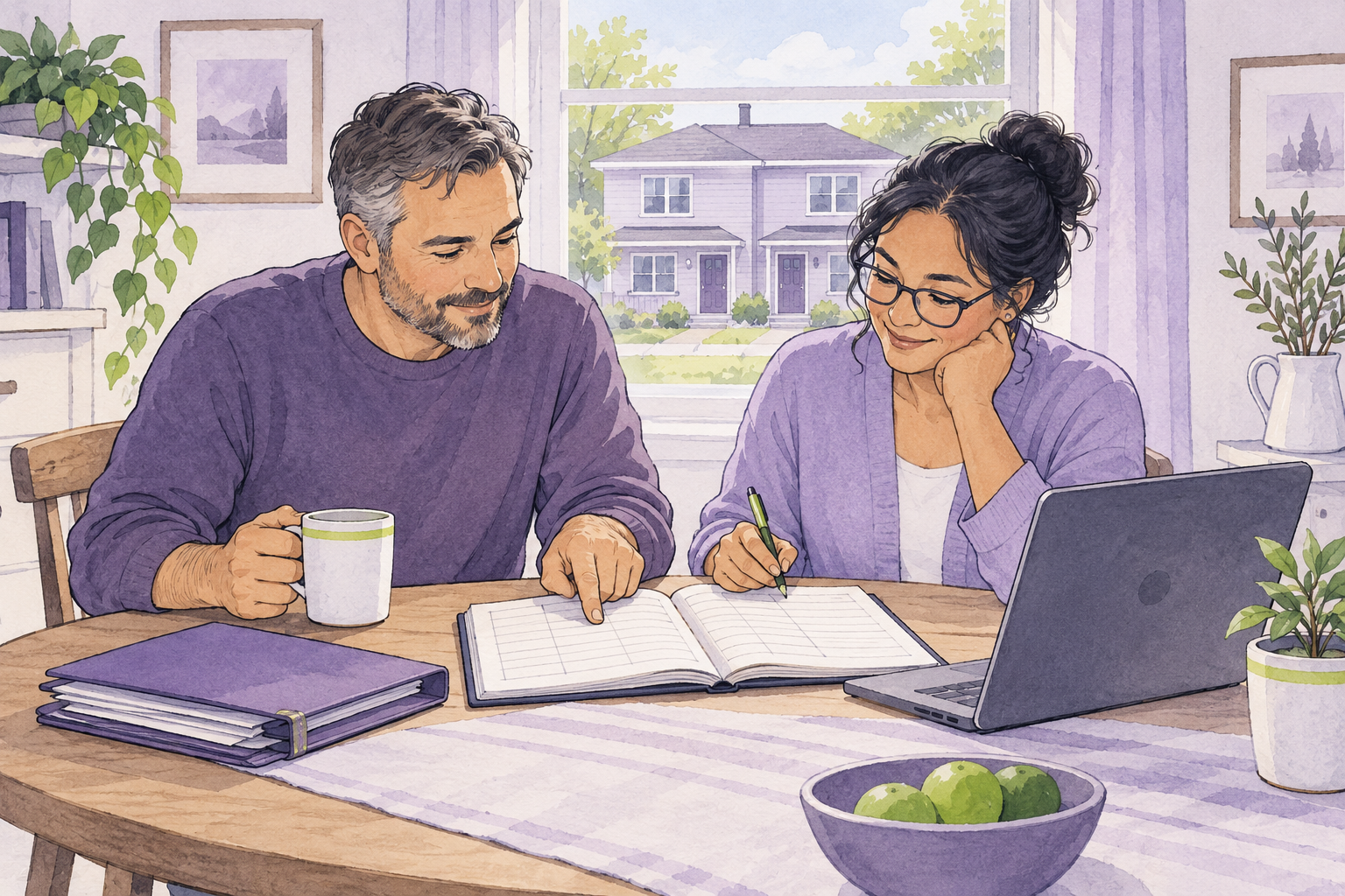 A landlord and bookkeeper reviewing rental records together at a table