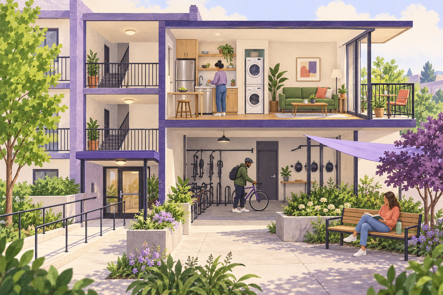 Editorial illustration of an apartment community with a modest home interior, laundry, private balconies, bike storage and a shared courtyard.