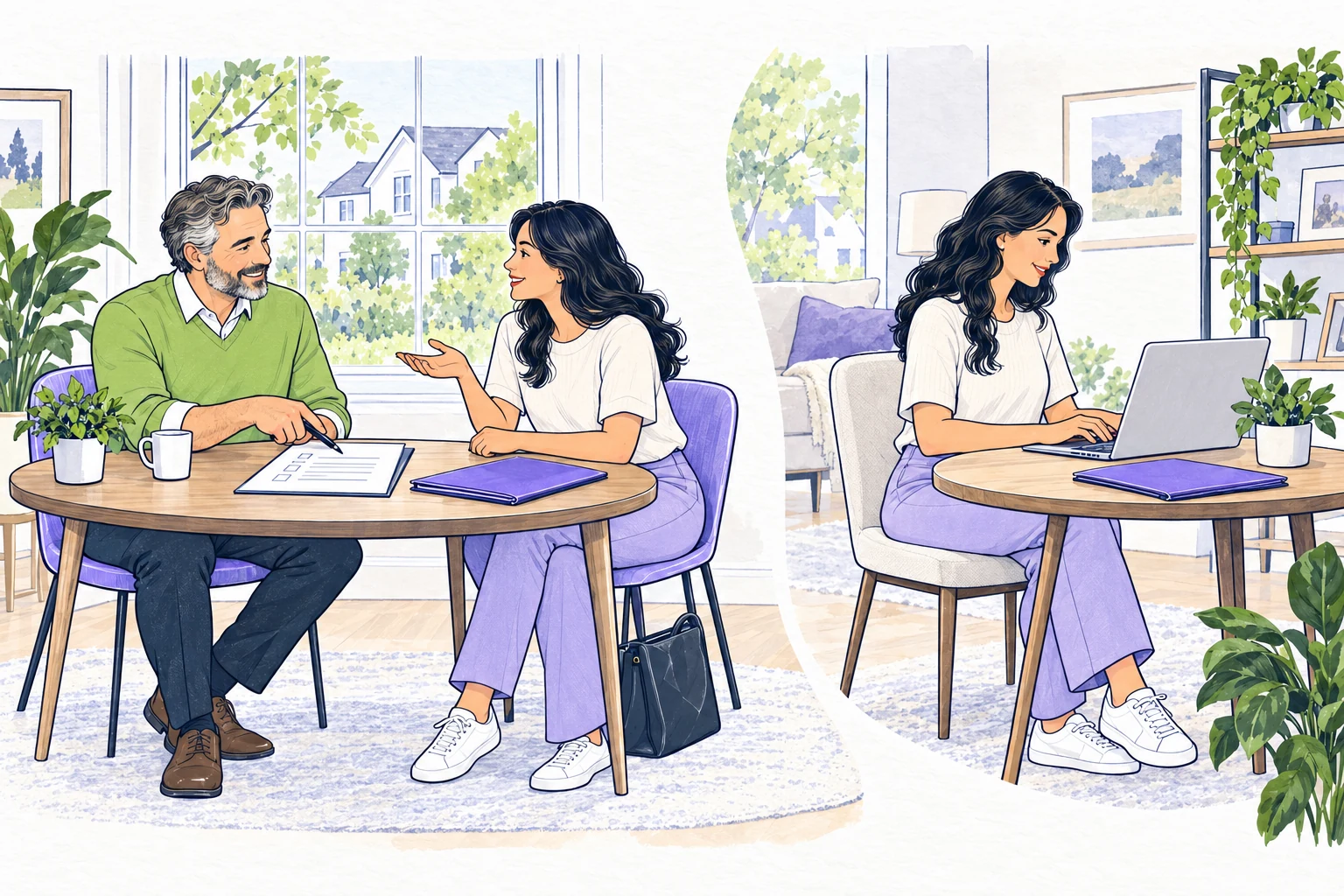 A rental owner and adult applicant discuss a blank checklist, then the applicant privately uses her own laptop for a verification step