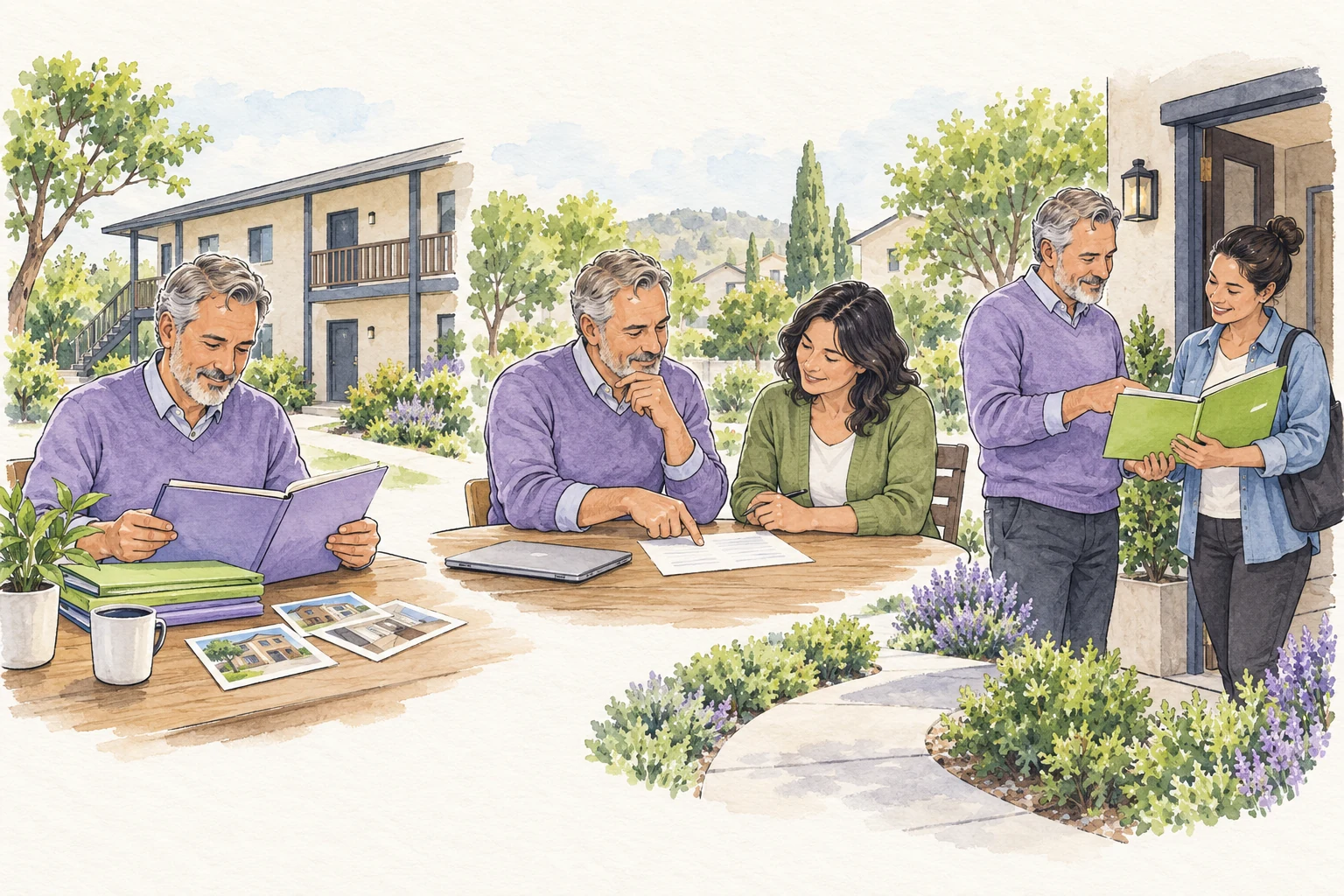 Original ink and watercolor rental owner reviewing records and discussing a folder with a resident