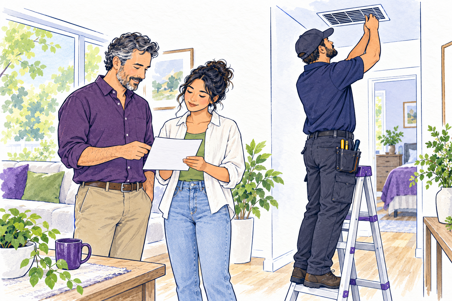A landlord and renter review a cooling repair beside an HVAC professional inspecting a rental home's vent