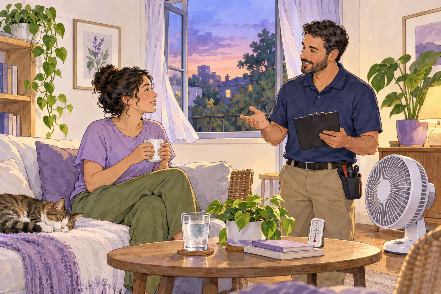 A renter and property contact discuss staying comfortable beside a shaded apartment window at dusk with a fan, water, and a thermometer